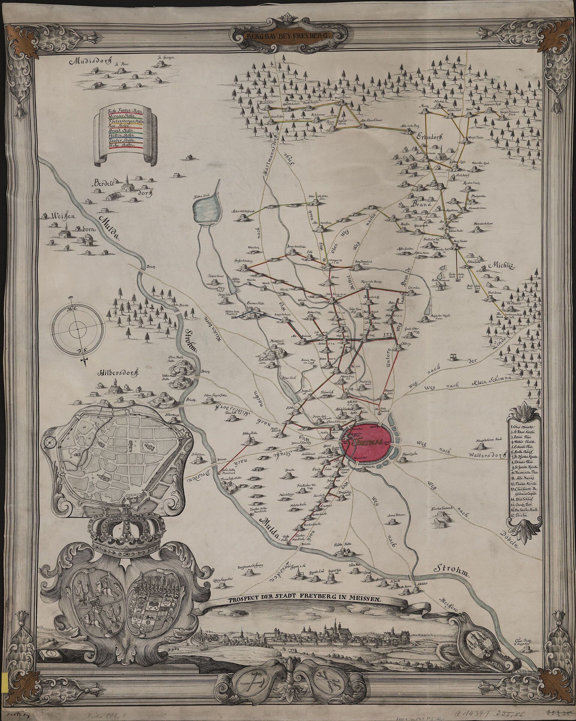 Historische Karte des Bergbaus bei Freiberg von 1745